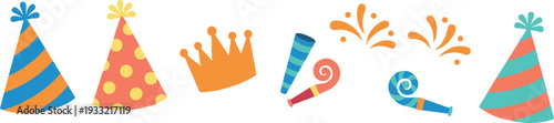 Colorful party celebration icons collection, festive hats, horns, crown, confetti, decorative vector elements for birthday, New Year, joyful event design