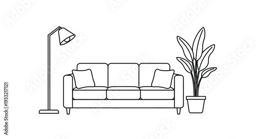 Simple Outline Drawing of a Sofa, Floor Lamp, and Potted Plant