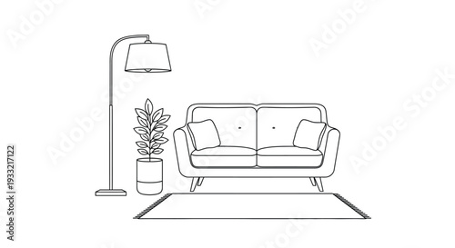 Cozy Living Room Outline with Sofa, Arched Lamp, Potted Plant, and Rug