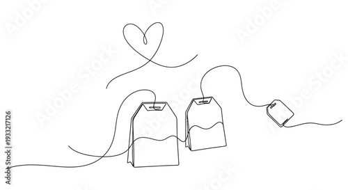 Bild auf Leinwand Continuous Line Art of Teabags with Heart-Shaped Steam
