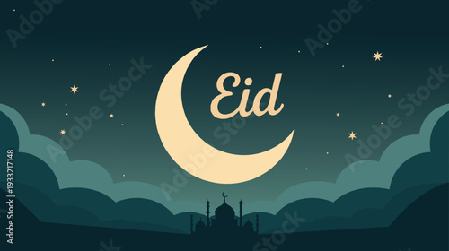 Crescent moon and Eid text over mosque silhouette at night
