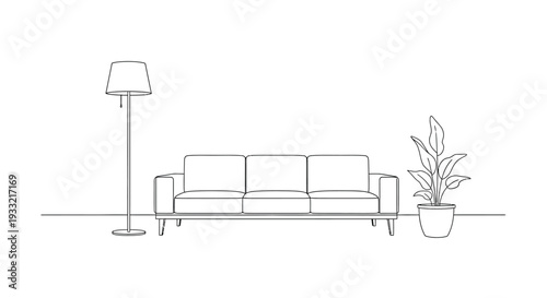 Clean Outline Drawing of a Sofa, Floor Lamp, and Potted Plant