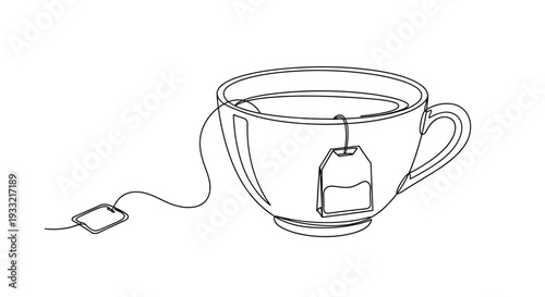 Continuous Line Art Drawing of a Cup of Hot Tea with Teabag – Minimalist Beverage Illustration