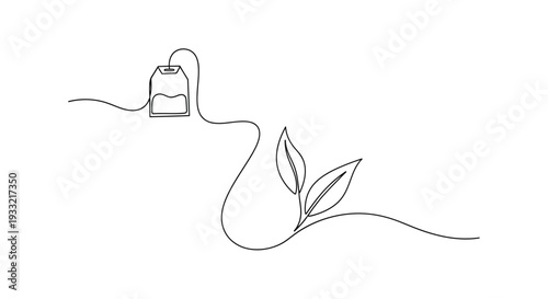 Tea Bag with Tea Leaves Continuous Line Art