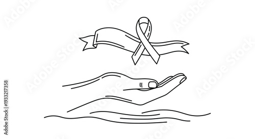 Hand with Awareness Ribbon and Banner Continuous Line Art