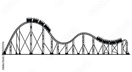Black and white illustration of a roller coaster with cars on the track, amusement park ride, thrill and entertainment concept, detailed outline vector drawing.