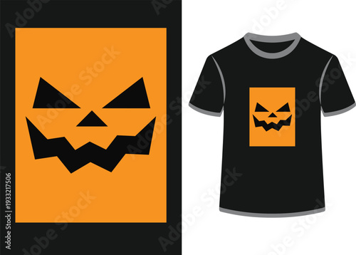 Halloween pumpkin face silhouette on orange background for spooky holiday t-shirt design and party decorations