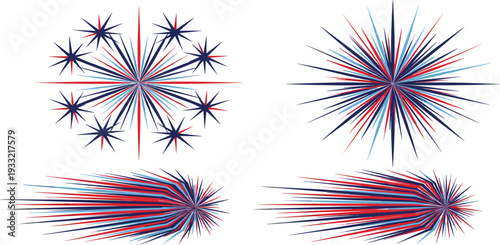 Red and Blue Firework Starburst Explosion Set with Dynamic Light Rays and Celebration Burst Elements for Holiday Event Party and Festive Design