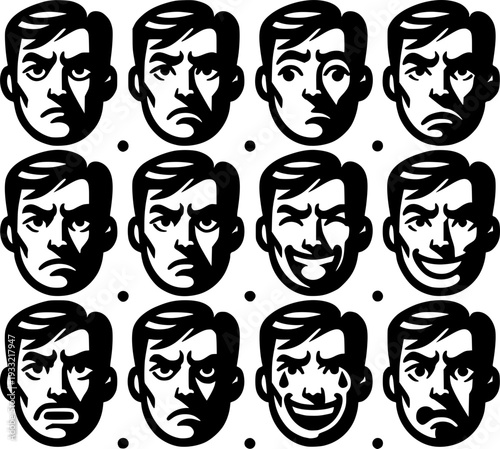 Emotional Spectrum: A grid of emotive visages, each capturing a distinct state of mind through striking monochromatic artistry.