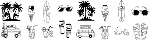 A collection of silhouette images including palm trees totem poles and easter island statues