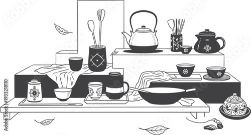 Black and white illustration of a kitchen counter with various objects isolated on transparent background