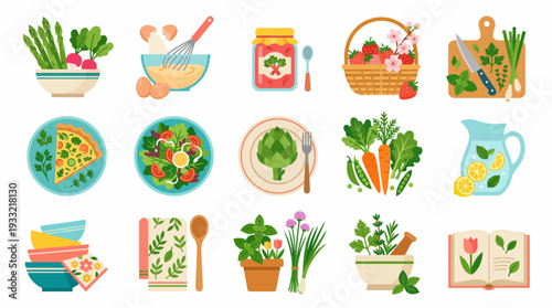 Vibrant kitchen and garden icons for cooking and healthy eating