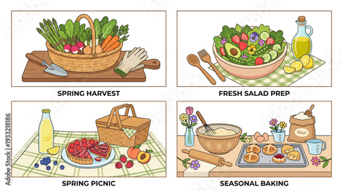Vibrant spring food and baking scenes with fresh produce