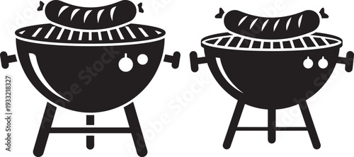 Silhouette grill with sausages over white background