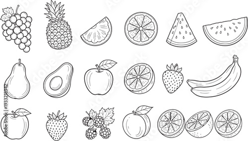 A black and white illustration of various fruits isolated on transparent background