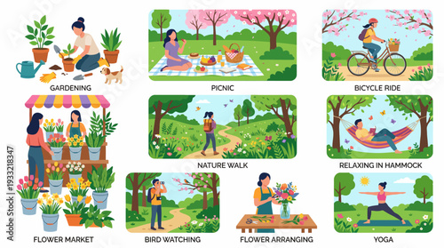 People enjoying outdoor activities in nature with flowers and plants