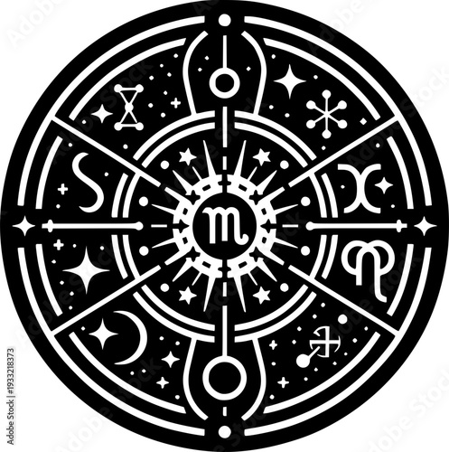 Mystical Celestial Chart: A mesmerizing black and white depiction of a celestial chart, adorned with zodiac symbols and cosmic elements, inviting viewers to explore the vast unknown.
