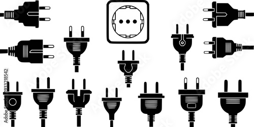 Collection of black electrical plugs and a socket a white background power connection