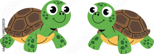 Cute Cartoon Turtle Pair Smiling Green Sea Tortoises Vector Illustration Isolated on White Background