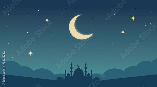 Crescent moon and stars over mosque silhouette at night