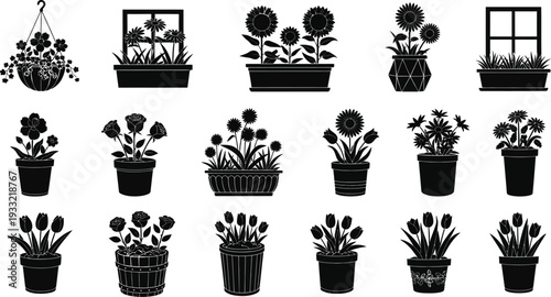 Potted plants and flowers silhouette icons set. Various garden and houseplant illustrations for home decor and gardening concepts vector illustration.
