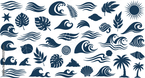 Tropical beach silhouette icon set featuring waves palm trees and sun
