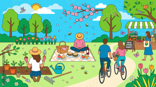 People enjoying springtime picnic in vibrant park with fresh market