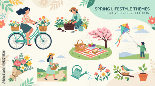 Vibrant spring scenes with people enjoying outdoor activities