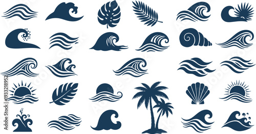 A grid of wave silhouettes in various stages of formation and movement, depicted in dark blue against a white background