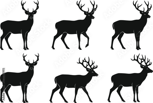 Deer silhouette set stag with antlers wildlife collection isolated on white background vector