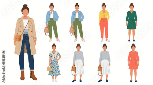 Fashionable women in various stylish outfits and accessories