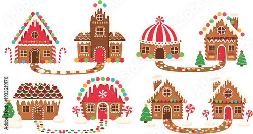 Cute Christmas Gingerbread House Village Vector Set with Candy Canes, Peppermint Sweets, and Icing Snow for Holiday Greeting Cards and Festive Winter Designs
