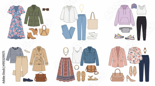 Fashionable clothing and accessories arranged in stylish outfits