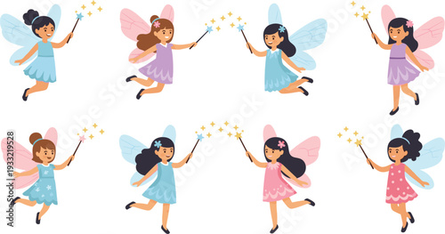 Cute Fairy Girls with Magic Wands and Sparkling Wings Flying in Different Poses Cartoon Vector Illustration Collection