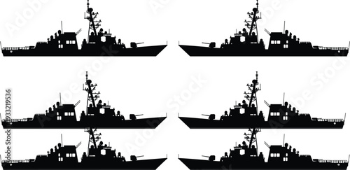 Six black silhouette icons of modern warships on a white background battleship destroyer