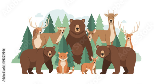 Wild animals gathered in forest with trees and wildlife around them