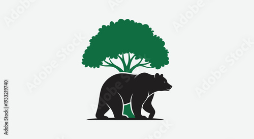 A black bear walks under a green tree illustration