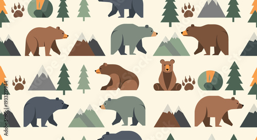 Bears roam through mountains and trees in forest landscape illustration