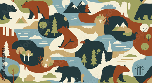 Bears, trees, and rivers in a serene forest landscape illustration