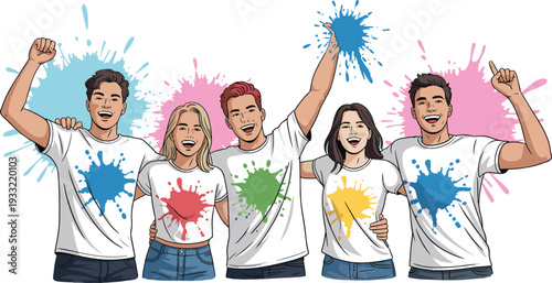 Happy young friends celebrating with colorful paint splashes on white shirts vector illustration