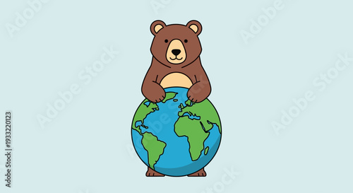 A cartoon bear holding the Earth in its paws, standing on a globe, illustration from a front view