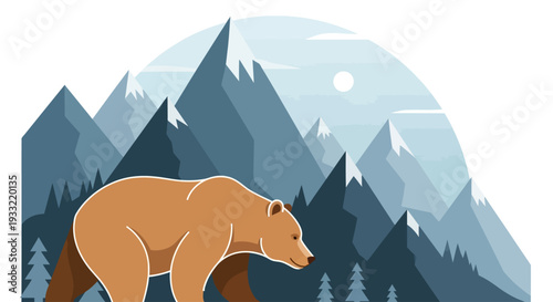 A majestic bear walks in the mountains under the moonlight with trees surrounding the landscape