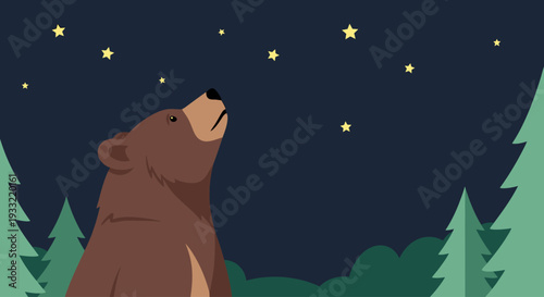 A brown bear gazes up at a starry night sky surrounded by trees in a serene forest landscape from a low angle view