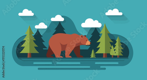 Brown bear walking through forest landscape illustration from a side viewpoint