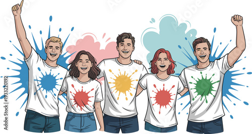 Happy young friends wearing colorful paint splash t-shirts celebrating unity teamwork and friendship