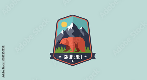 Illustration of bear and mountains logo design emblem