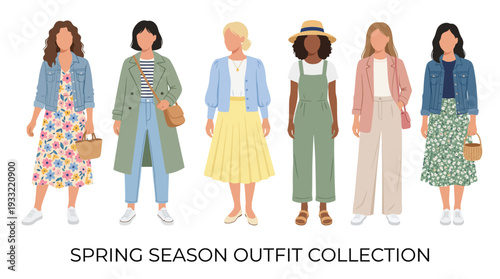 Six women showcasing stylish spring outfits in modern fashion