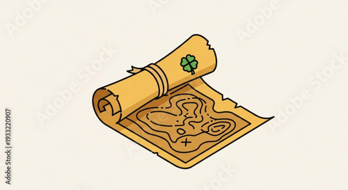 Vintage treasure map with green clover on transparent background rolled up parchment