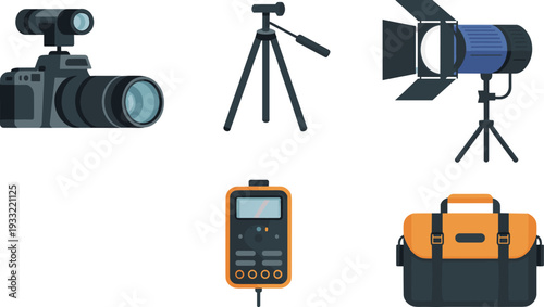 Professional photography equipment icons set camera tripod studio light multimeter and bag vector illustration