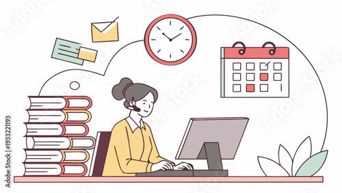 Woman working efficiently at office desk with computer and books